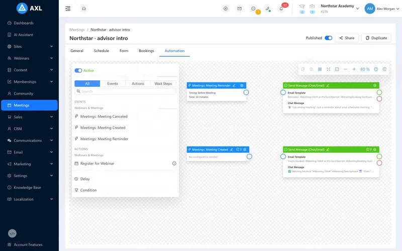 An active meeting automation that sends a confirmation when a meeting is booked and a reminder before it starts.