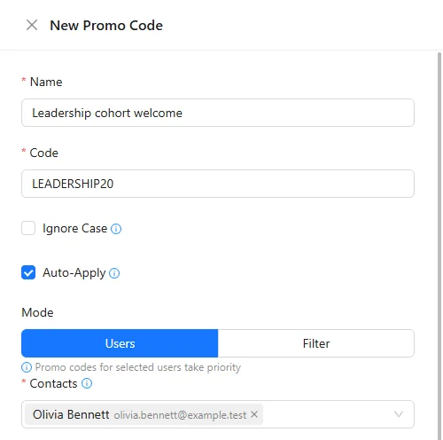 A new promo code with its code, auto-apply and the contacts it is for.