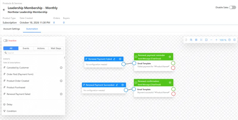 A subscription automation with separate branches for failed and successful renewal payments, each sending its own message.