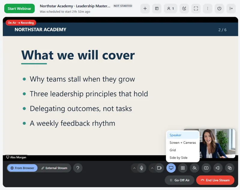 AXL live webinar room: the presenter on stage, the slides and the layout menu.