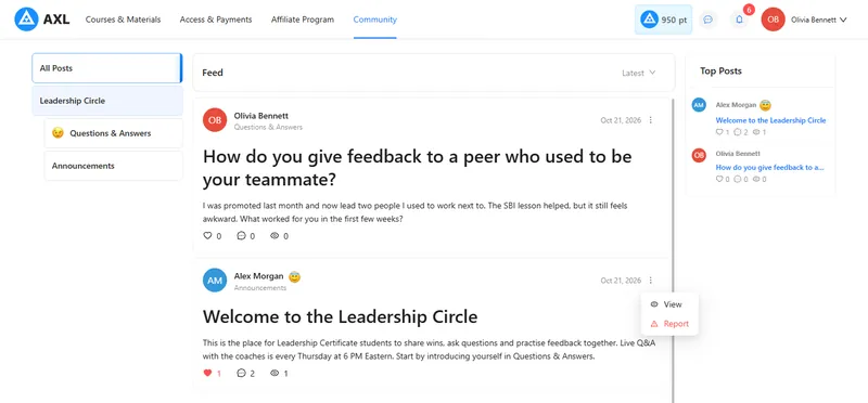 AXL community feed: posts with likes and comments, spaces on the left and top posts on the right.