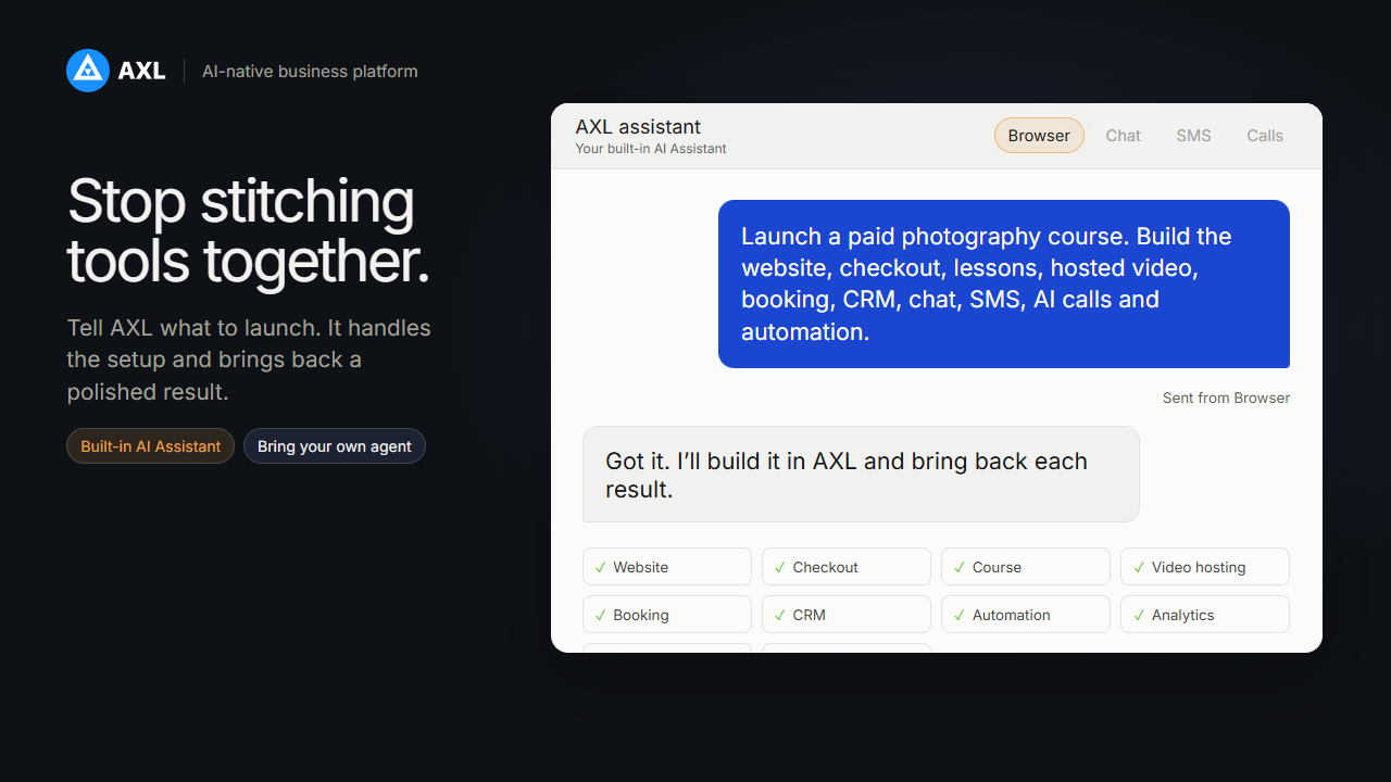 AXL AI-native platform with the built-in AI Assistant, an option to bring your own agent and one request becoming a customer journey.