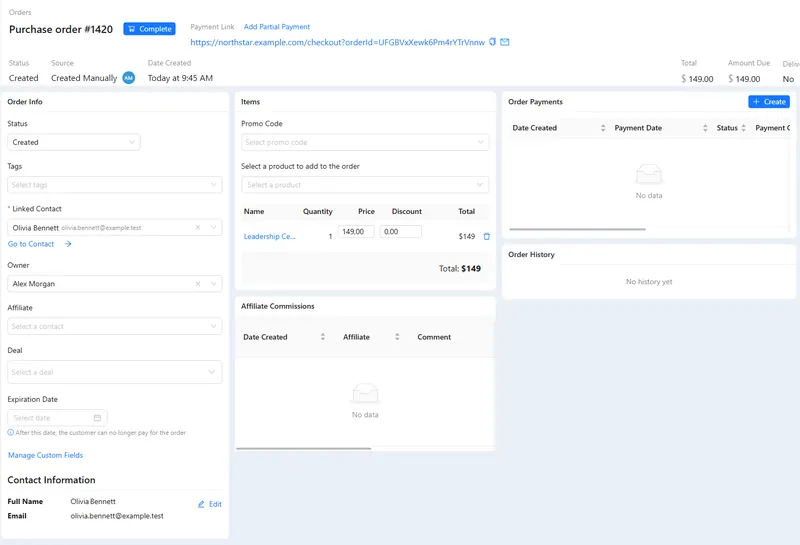 A purchase order with its items, payment link, payments, history and affiliate commissions.