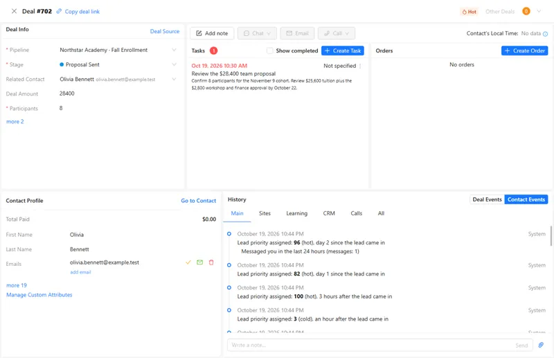A deal card with its stage, amount and participants, an open task, and the contact's history alongside.