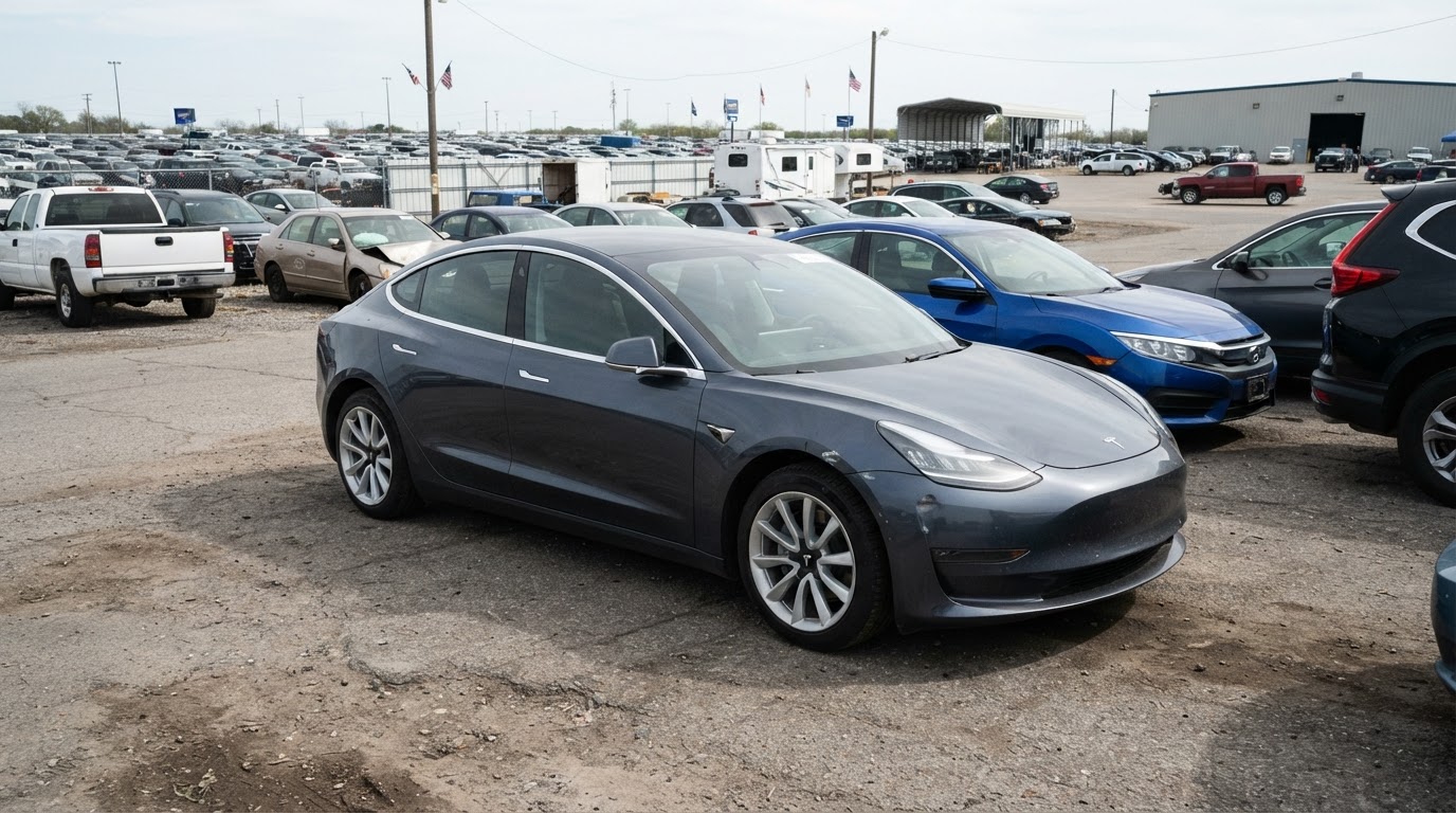 Tesla Model 3 з легким пошкодженням крила на майданчику Copart