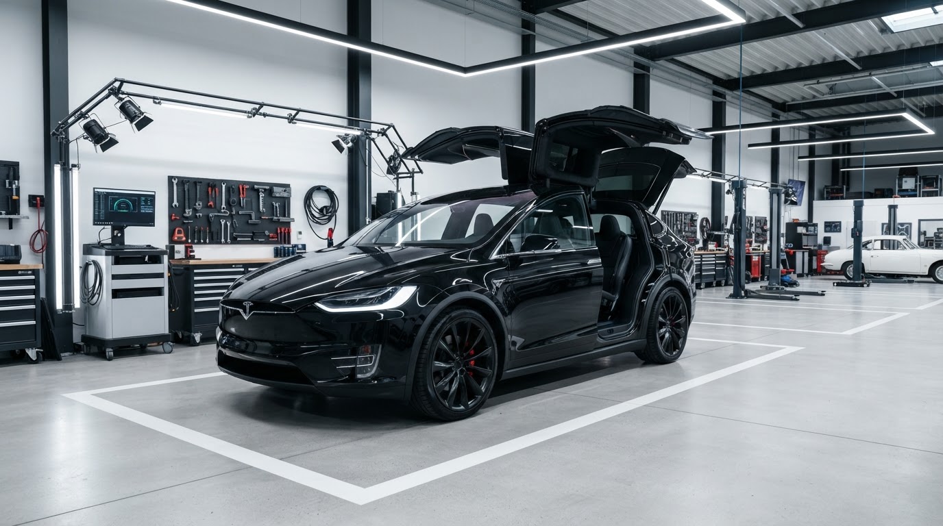 Tesla Model X у сервісному цеху під час діагностики