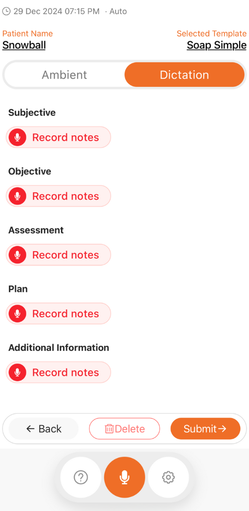 The VetSkribe AI recording screen with ambient listening and dictation options