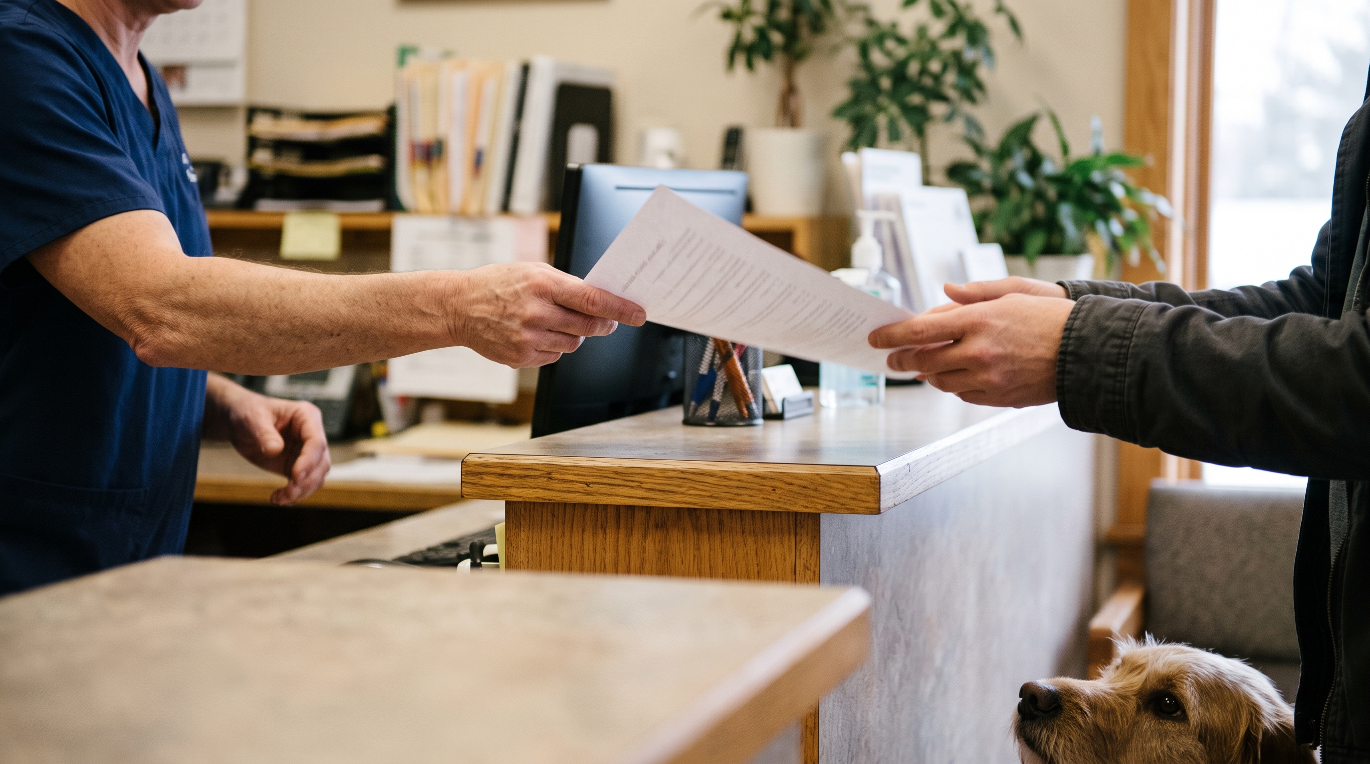 A veterinary technician going through veterinary discharge instructions with a client at the practice counter