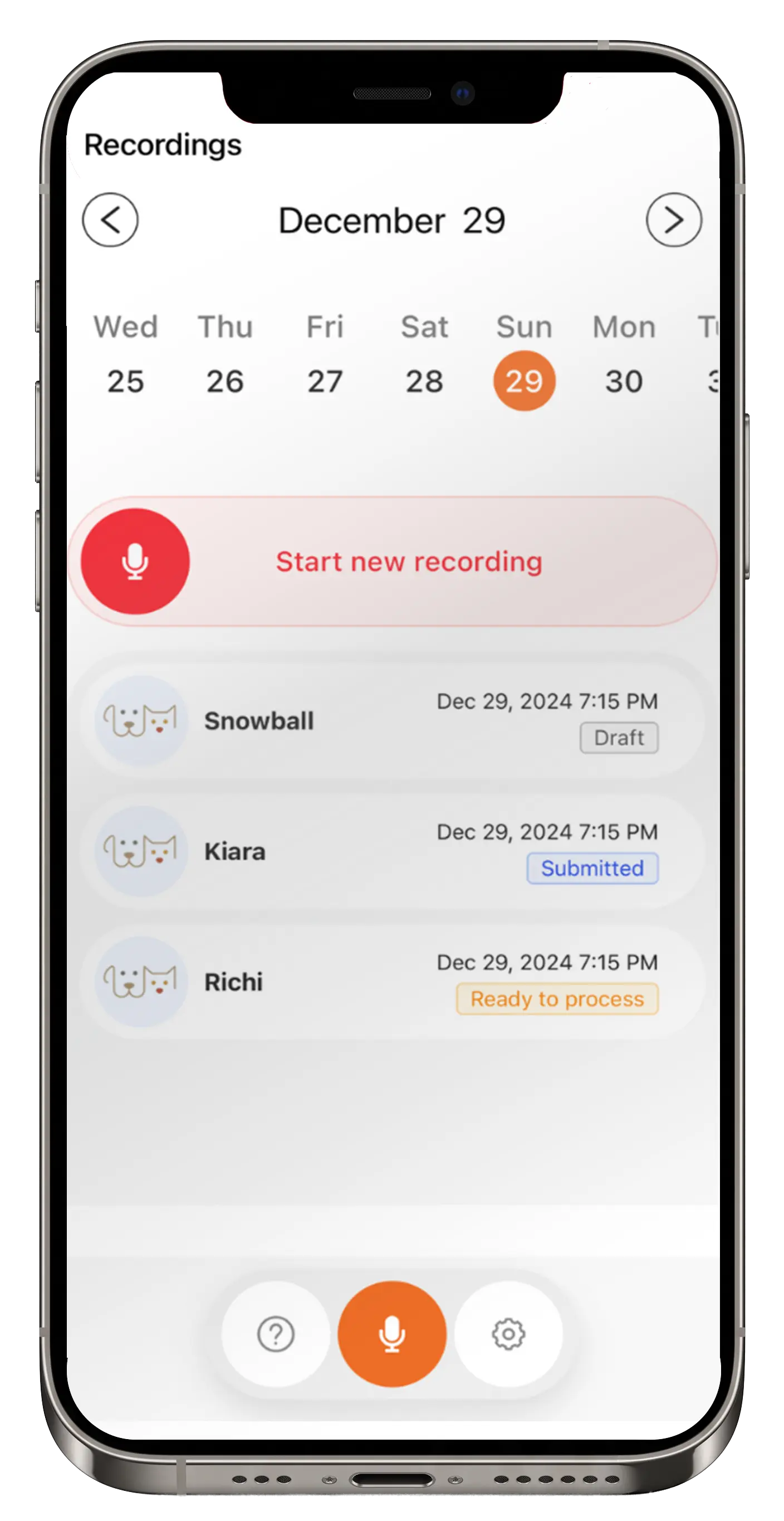 The VetSkribe AI app on a phone, showing the day's appointments