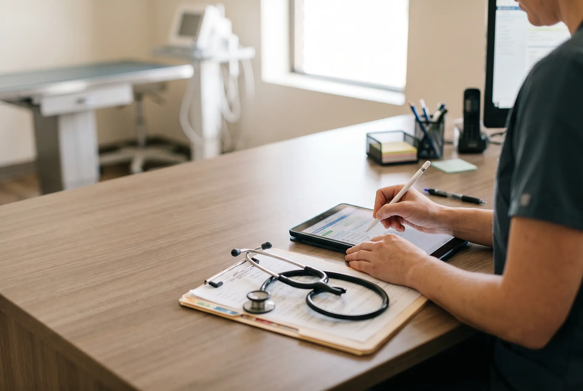 A veterinarian writing clinical notes on a tablet at a practice workstation