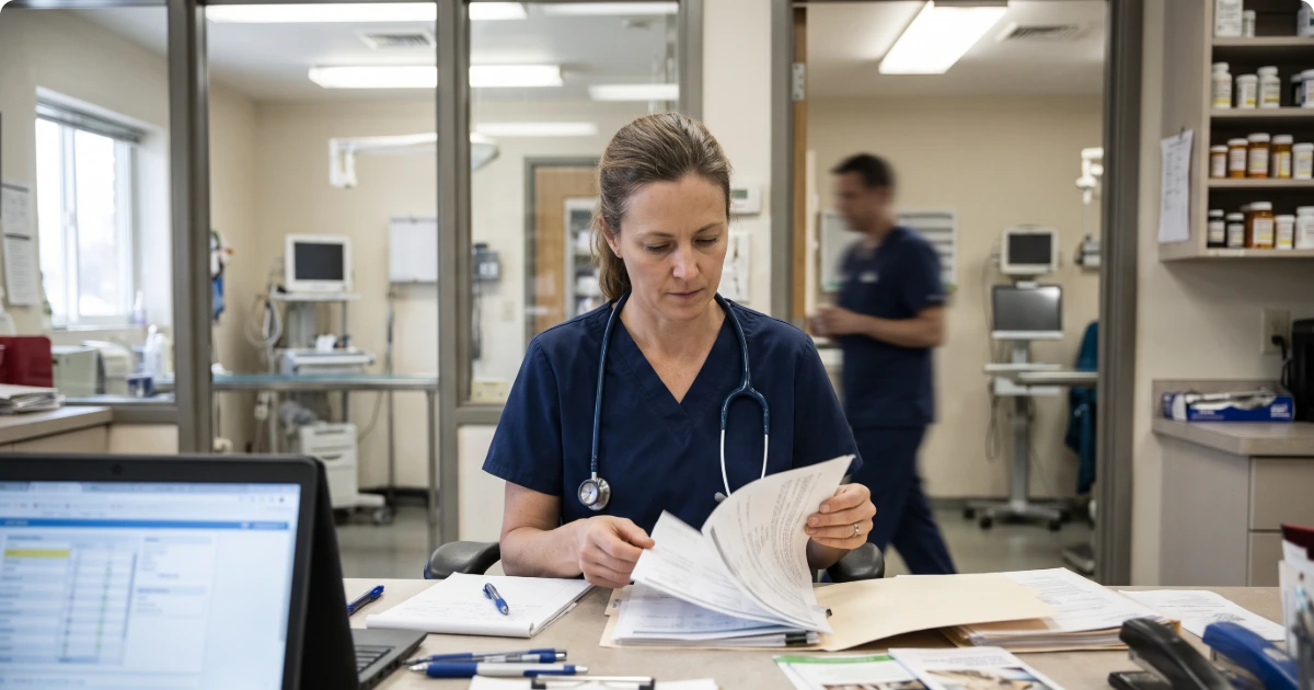 A veterinarian between appointments in a busy clinic, looking at the day's schedule