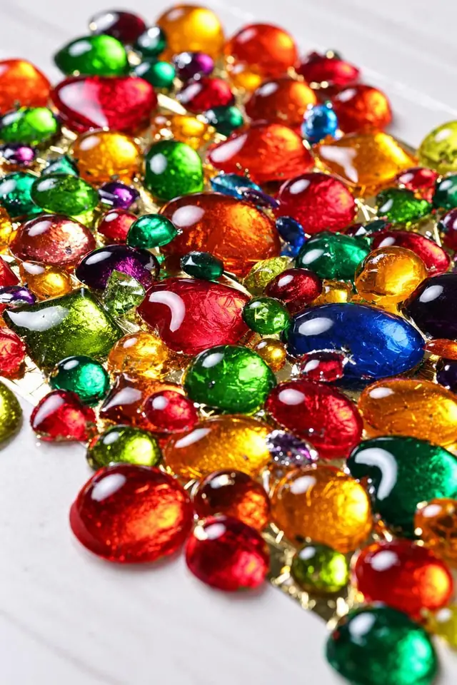 A pile of glossy edible gems in red, gold, green, and blue
