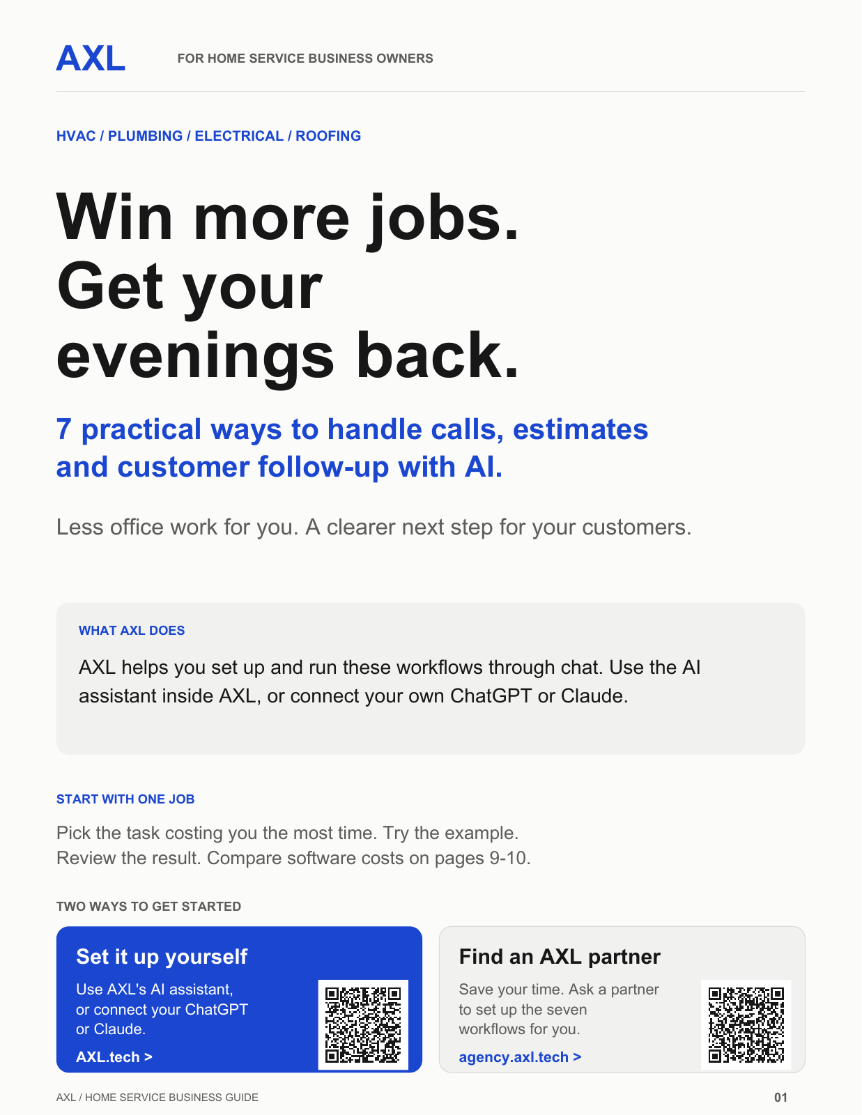 AXL free guide: Win more jobs. Get your evenings back. Seven ways AI can take office work off your plate.