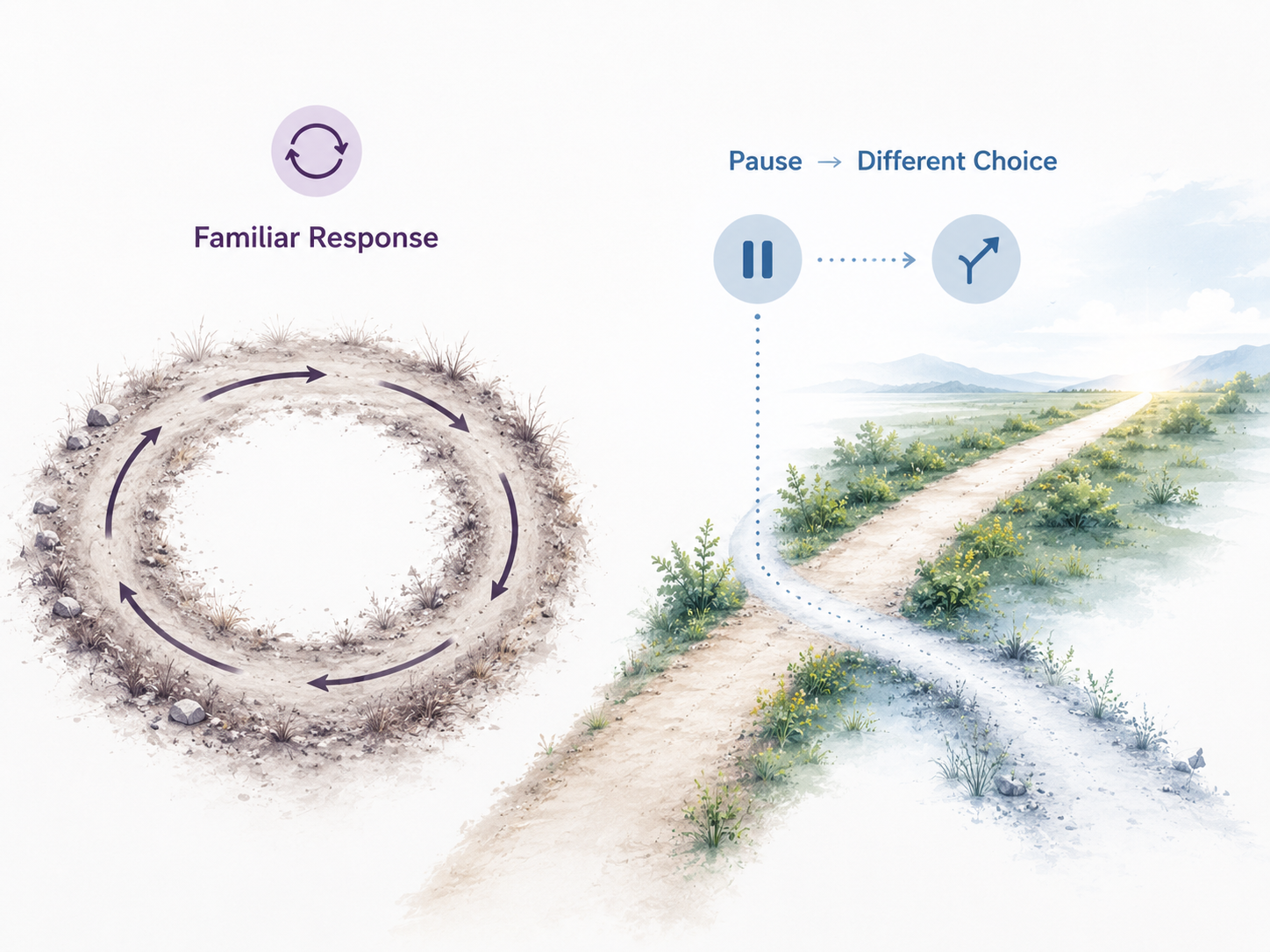 Illustration comparing a familiar automatic pattern with pausing and choosing a new response.