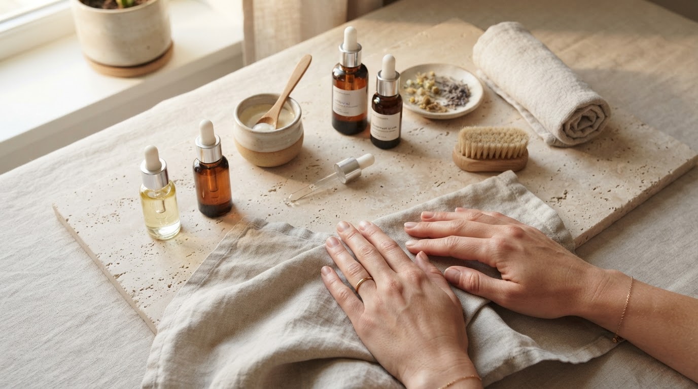 Minimalist nail care tools and organic treatment bottles on clean stone