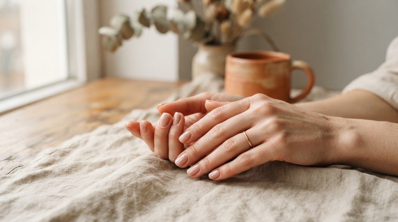 Neat, elegant natural manicure hands resting over soft linen fabric in natural light