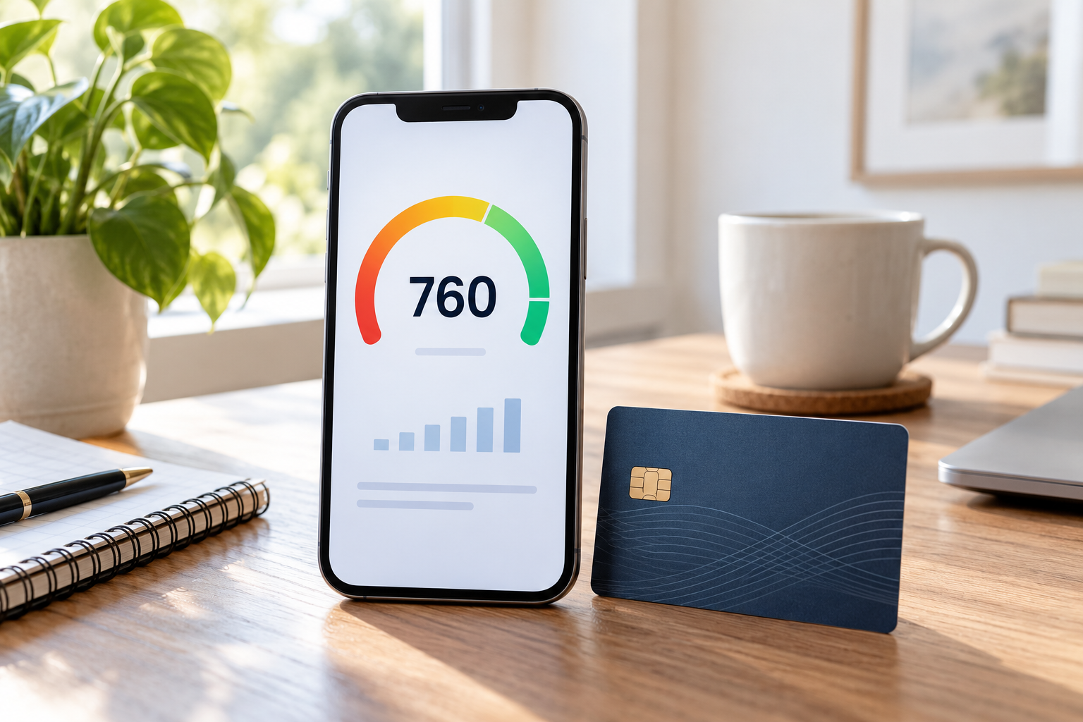 Телефон с индикатором credit score и кредитная карта