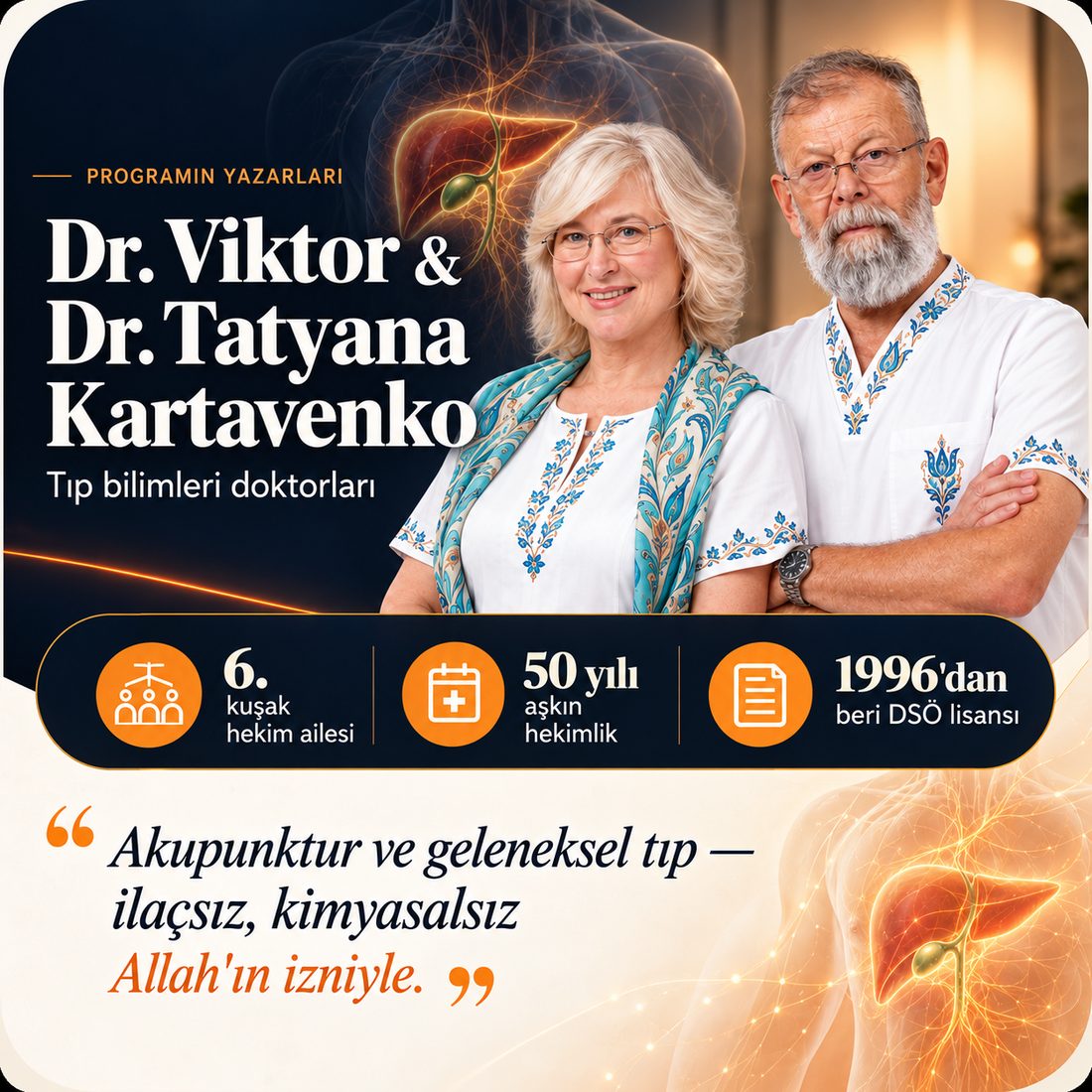 Dr. Viktor ve Dr. Tatyana Kartavenko — 6. kuşak hekim ailesi, 50 yılı aşkın hekimlik, 1996'dan beri DSÖ lisansı.