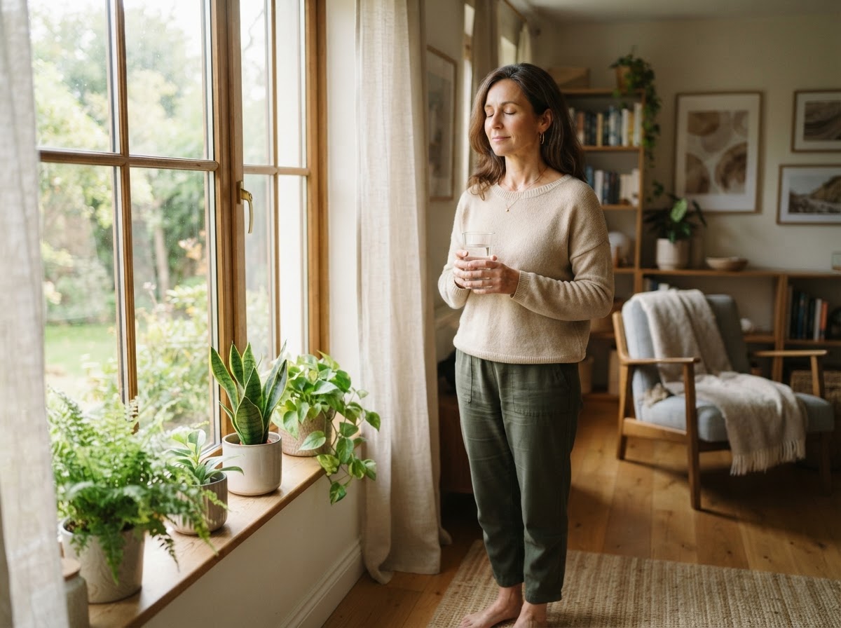 Mujer respirando con calma junto a la ventana con un vaso de agua