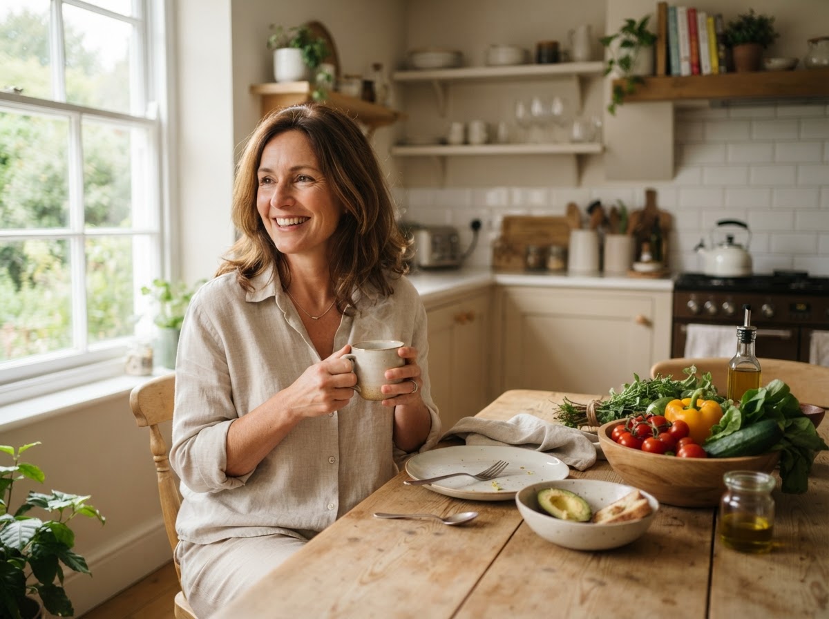 Mujer en una cocina luminosa con una taza de infusión