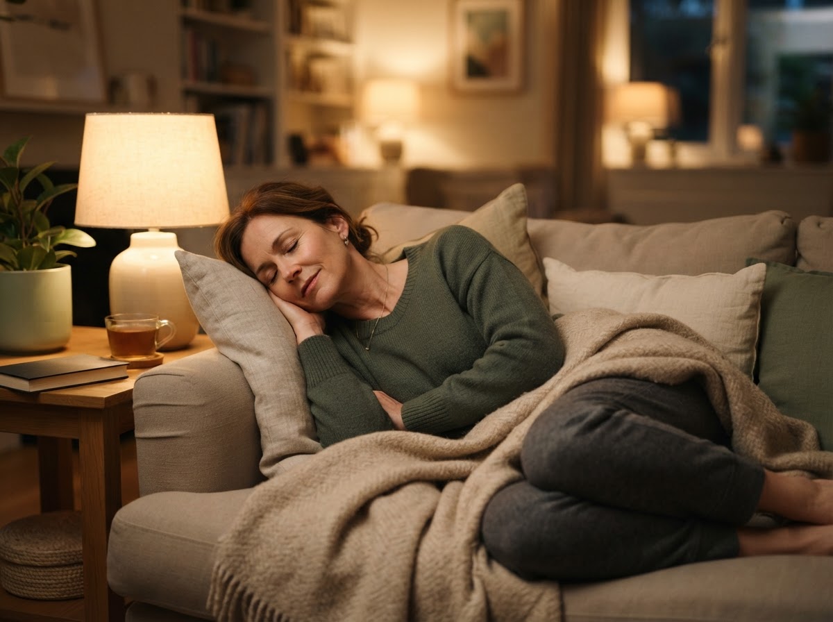 Mujer descansando por la tarde en casa