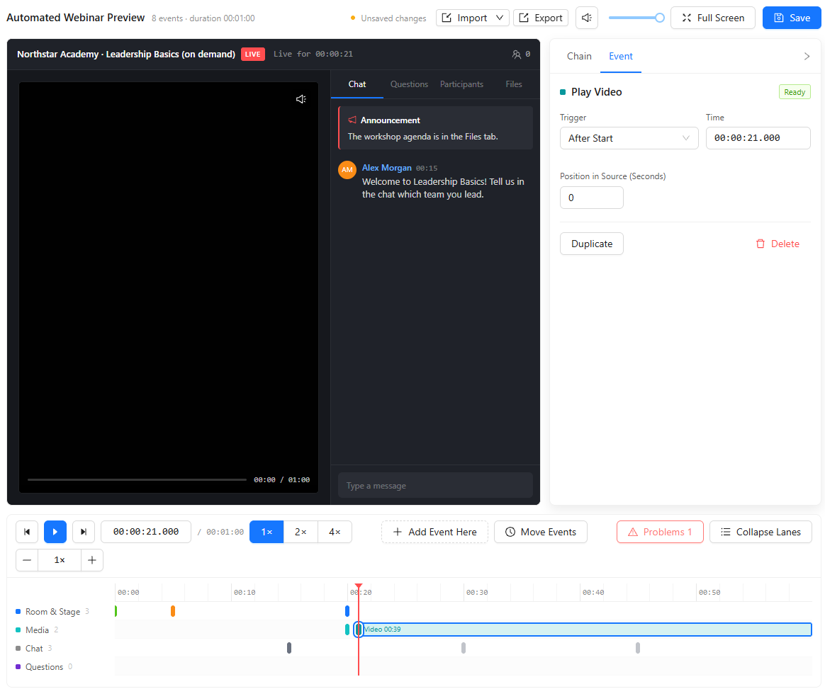 Event tab of a Play Video event: Trigger After Start, Time 00:00:21.000, Position in Source (Seconds) 0, Ready status, and the Duplicate and Delete buttons.