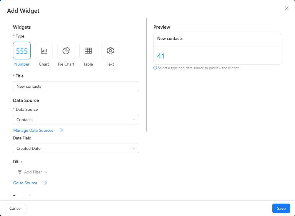 Add Widget dialog with the Number type, the title New contacts, the Contacts data source, the Created Date date field and a preview showing 41.