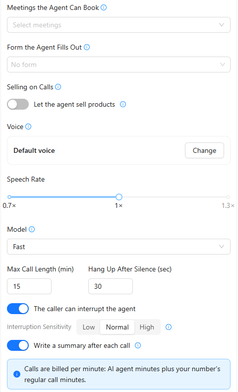 Voice agent settings: meetings, form, Selling on Calls, the default voice with Change, speech rate, Fast model, maximum call length 15 minutes, hang up after 30 seconds of silence, interruptions with Normal sensitivity, the summary switch and the billing note.