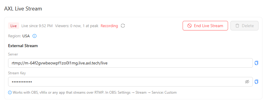 AXL Live Stream in the webinar settings: Live since 9:52 PM, viewers now and at peak, Recording, End Live Stream, Region USA, and the External Stream server and stream key.