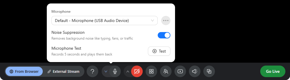Microphone settings above the studio bar: the microphone list, the Noise Suppression switch and Microphone Test with the Test button.