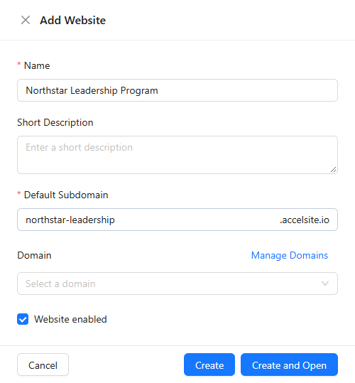 Add Website panel with an example name and subdomain, Domain, Website enabled, Cancel, Create and Create and Open.