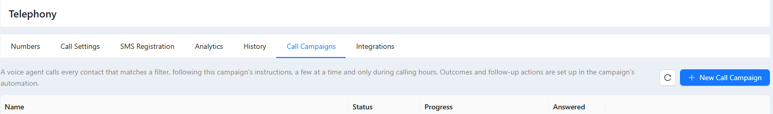 Call Campaigns tab with its explanation and the New Call Campaign button.