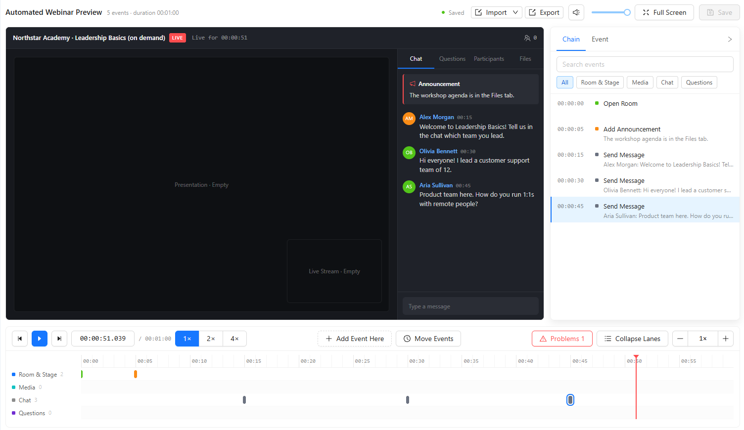 Template Events tab with the preview, the Chain panel, and the four timeline lanes.
