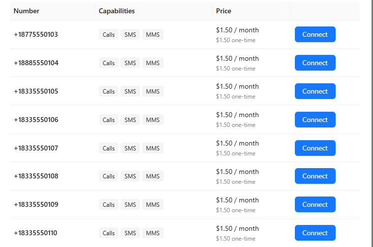 Number search results with the Calls, SMS and MMS capabilities, a monthly and a one-time price, and a Connect button for each number.