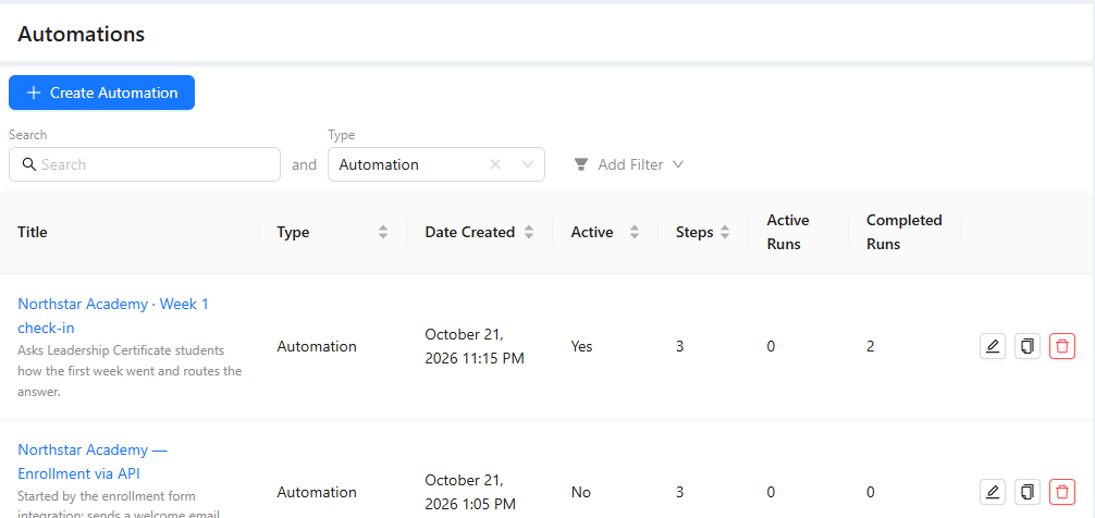 Automations list with Create Automation, search, the Type filter and Northstar automations with their status and step counts.