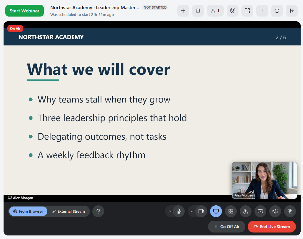 Shared slide «What we will cover» on air with the presenter camera floating in the lower-right corner.