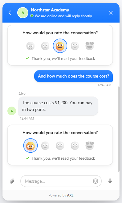 Website chat panel with two How would you rate the conversation cards: one answered with the neutral face and one with the angry face, each with Thank you, we will read your feedback.
