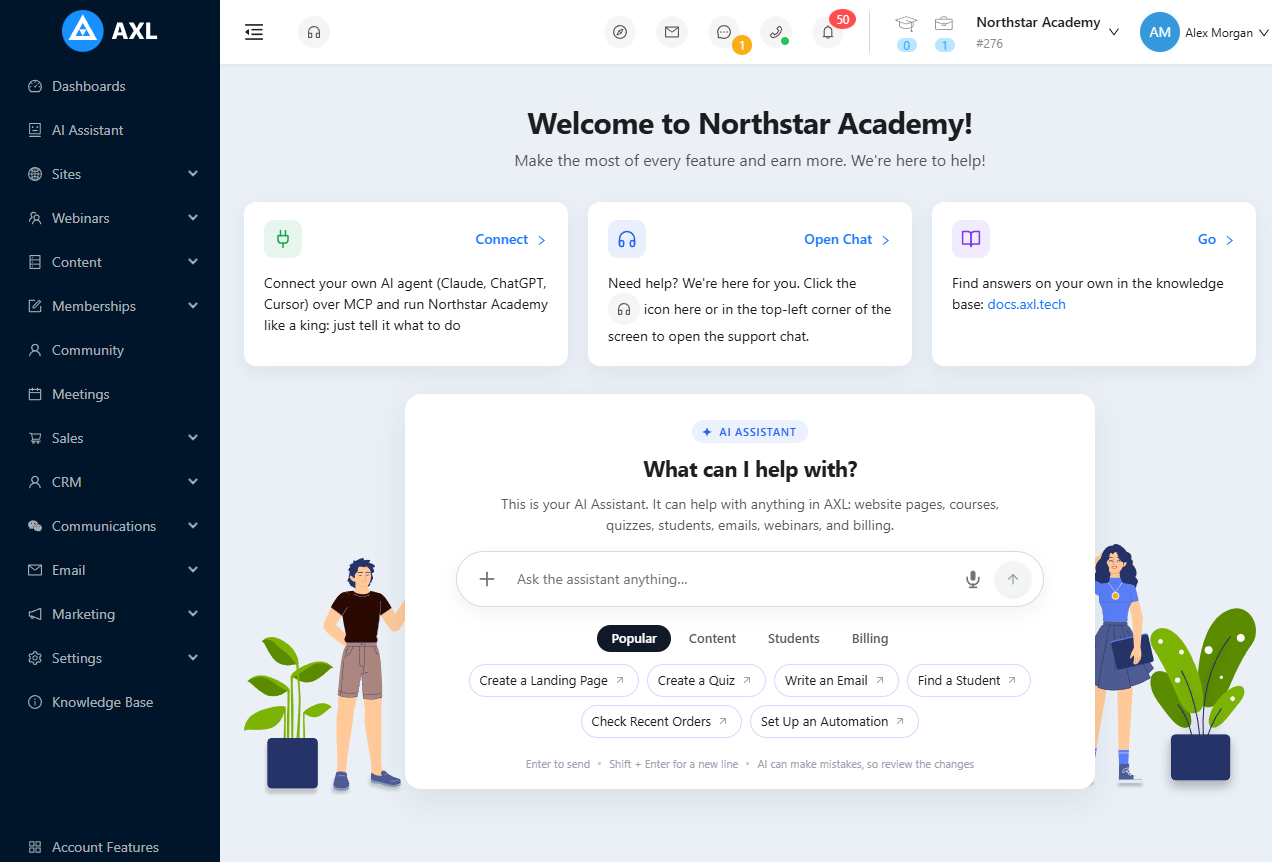 AXL home page with the left menu, the top bar, the Welcome to Northstar Academy shortcuts and the AI Assistant box with suggestions.