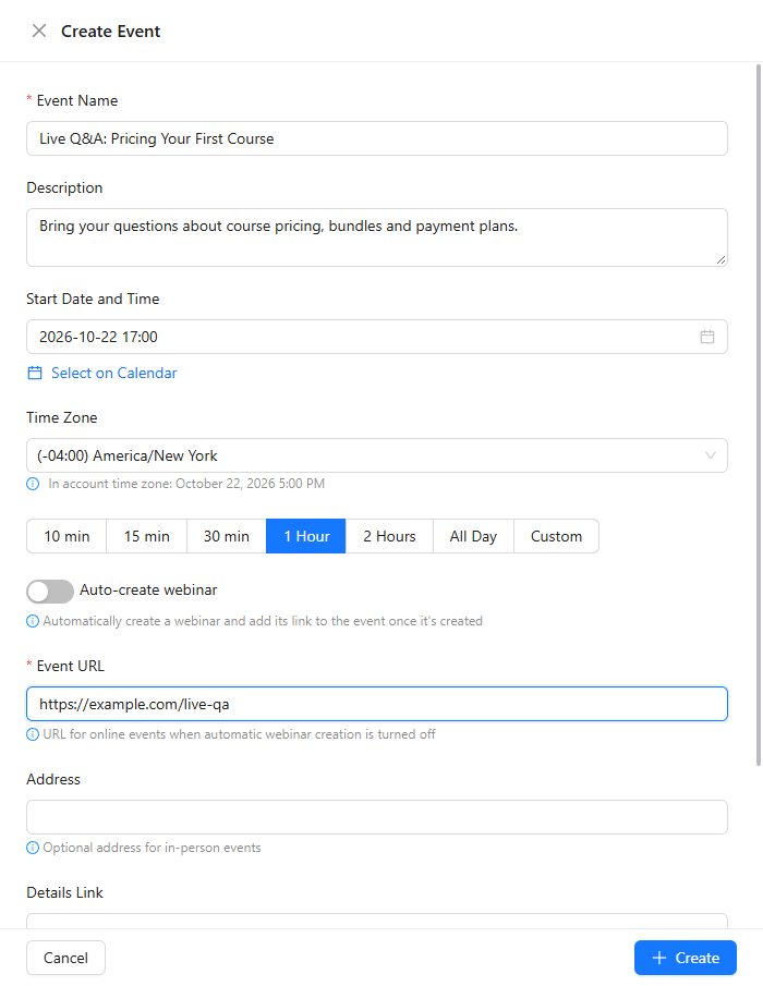 Create Event panel with the event name Live Q&A: Pricing Your First Course, a description, the start date and time, the America/New York time zone, the 1 Hour duration, Auto-create webinar and the Event URL.