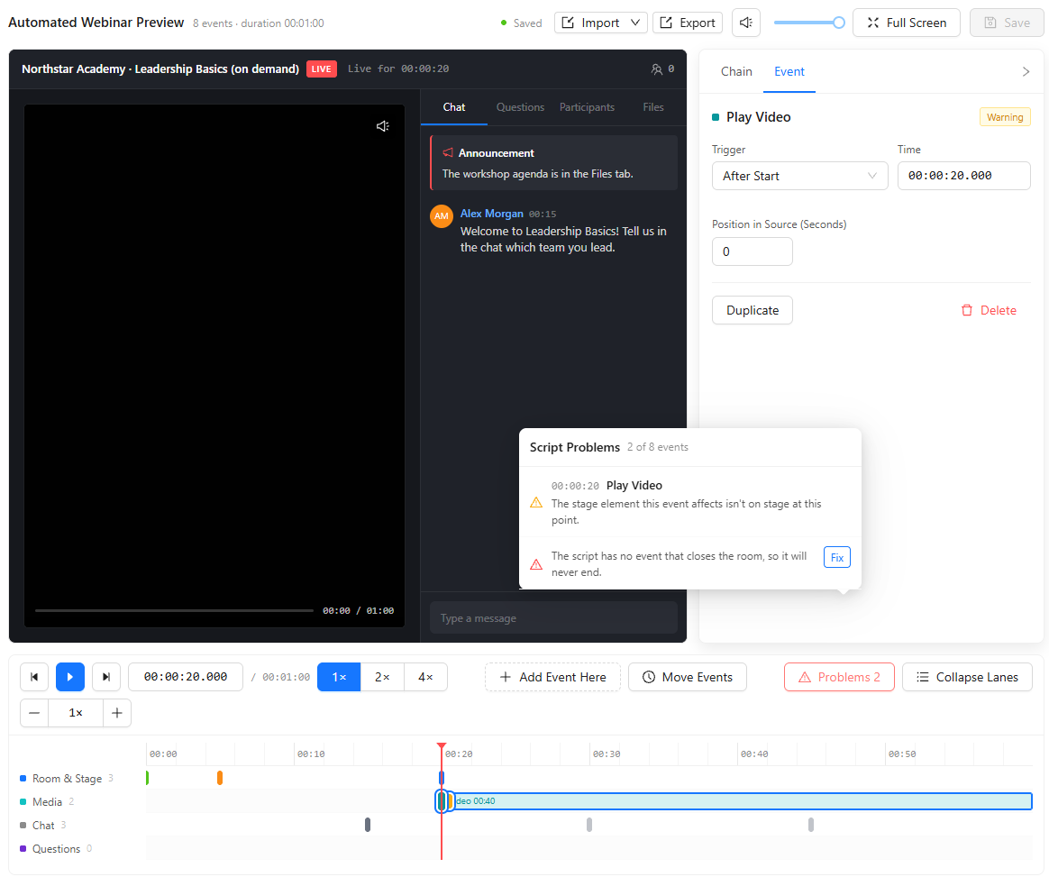 Script Problems list of the automated webinar: a warning that the Play Video event at 00:00:20 affects a stage element that isn't on stage yet, and an error that no event closes the room, with a Fix button.