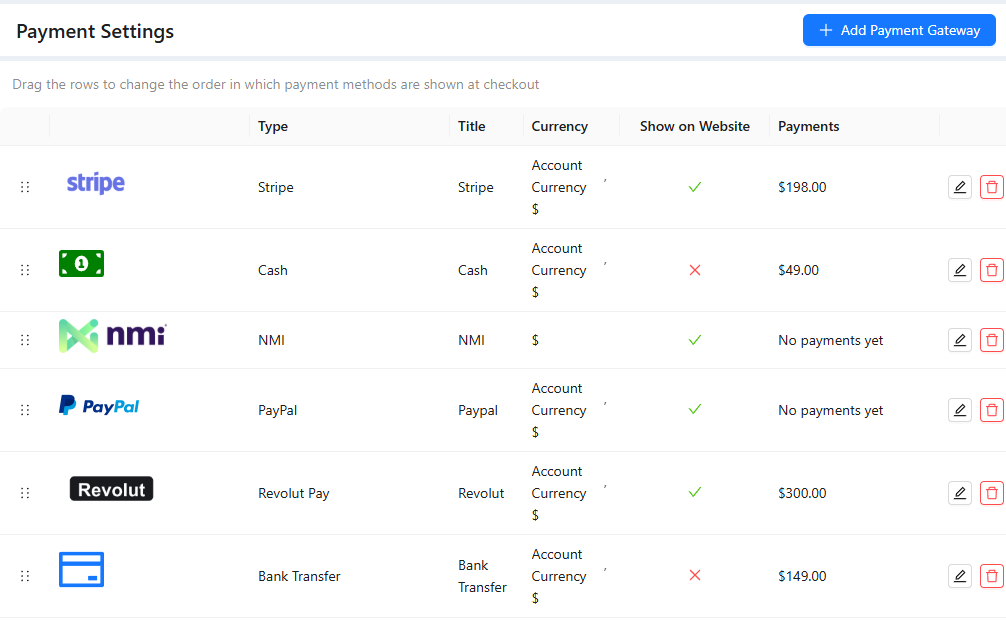 Payment Settings list with Stripe, Cash, NMI, PayPal, Revolut Pay and Bank Transfer, their currency, website visibility and payments.