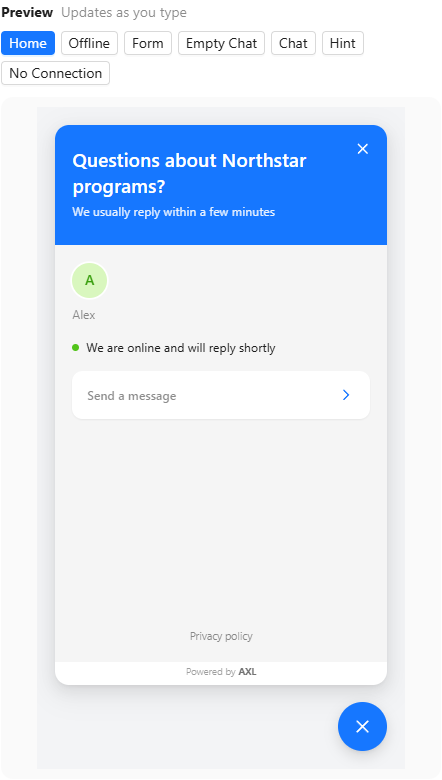 Preview in the Home state: blue header with the title and subtitle, the team member Alex with an initials avatar, We are online and will reply shortly, the Send a message field and the Privacy policy link.