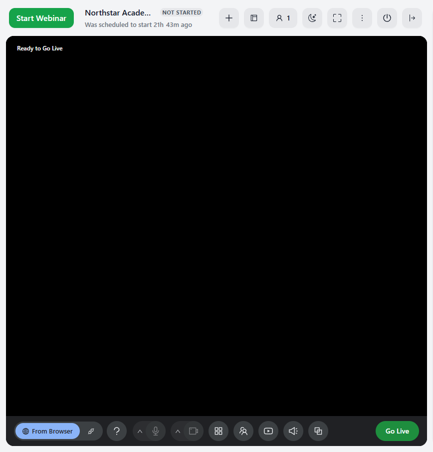 Studio ready to go live: Ready to Go Live on the stage, and the From Browser, External Stream, help, microphone, camera, What viewers see, Guests on Stage, Restream, Sounds, On Screen and Go Live buttons.