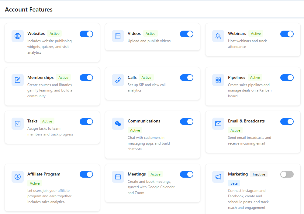 Account Features with switches for Websites, Videos, Webinars, Memberships, Calls, Pipelines, Tasks, Communications, Email & Broadcasts, Affiliate Program, Meetings and Marketing.
