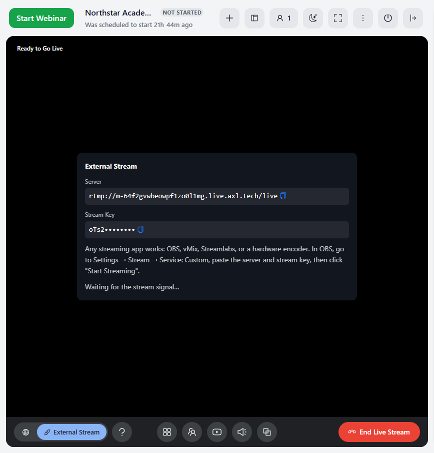 External Stream panel on the stage with the Server and Stream Key fields, copy buttons, the OBS hint and "Waiting for the stream signal…".