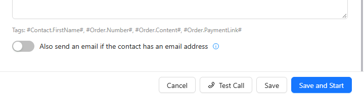 Bottom of the campaign form with Cancel, Test Call, Save and Save and Start.