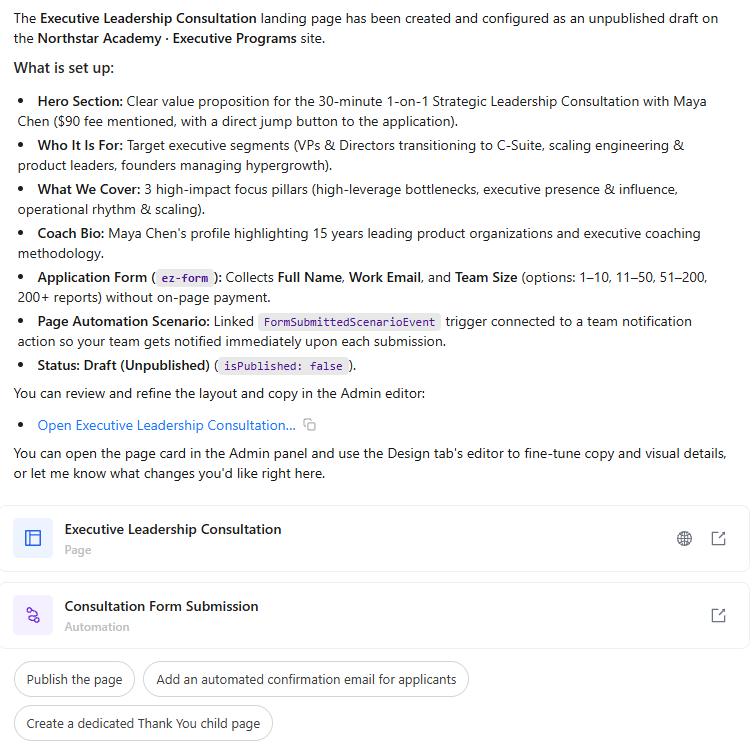 Assistant summary of the created draft page with links and cards for the page and its automation.