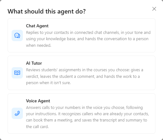 What should this agent do? dialog with Chat Agent, AI Tutor and Voice Agent.