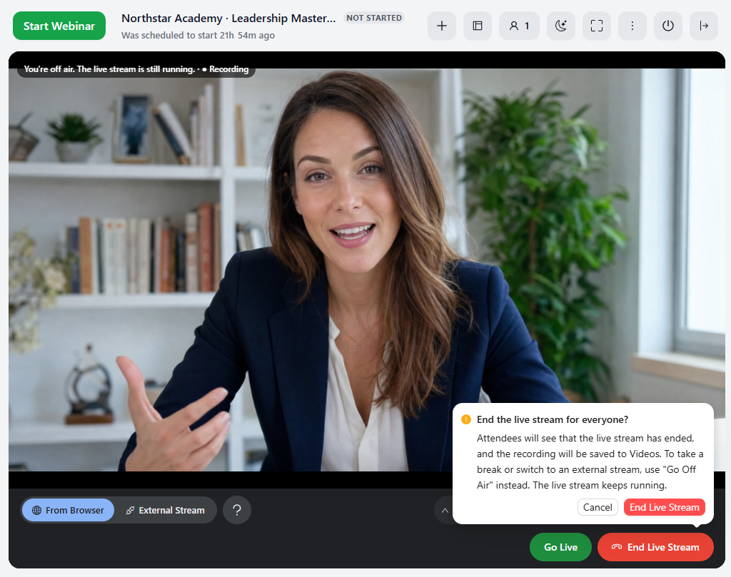Confirmation "End the live stream for everyone?" above End Live Stream, with Cancel and End Live Stream.