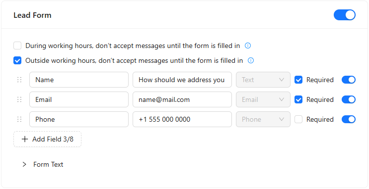 Lead Form card switched on, with the outside working hours box checked, the Name, Email and Phone fields with their hints, types and Required boxes, Add Field 3/8 and the collapsed Form Text.